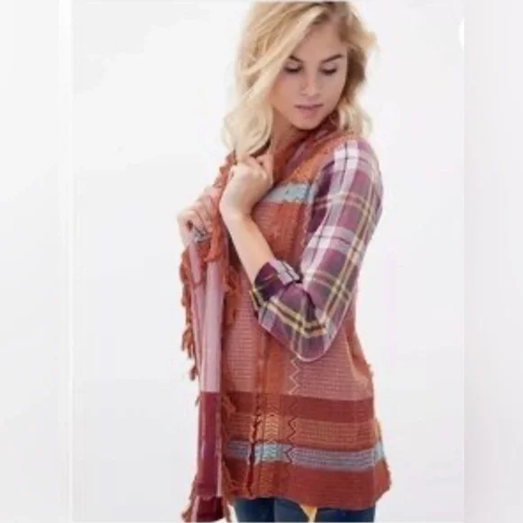 Gimmicks Patchwork Fringe Open Front Sweater Fringe flannel Sleeves Size Large - Picture 4 of 8